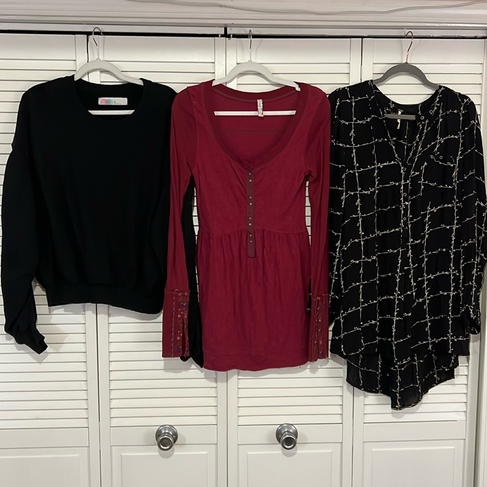 Free People BUNDLE! Blouse, Burgundy Long Sleeve , & FP Beach Black Sweater
